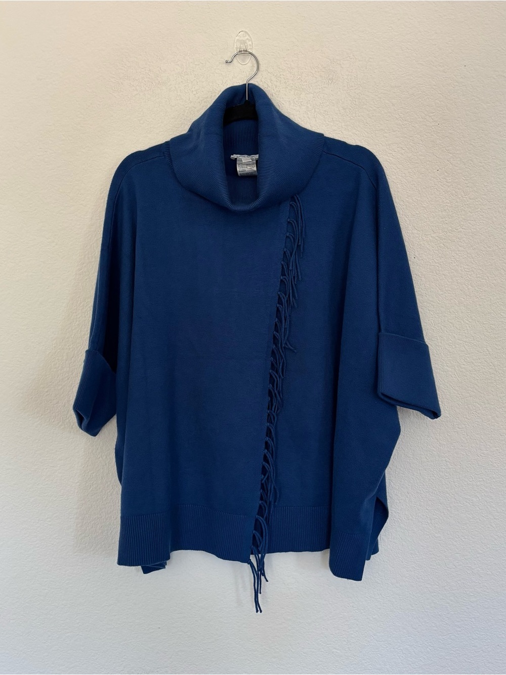 Chicos Cowlneck Knit Fringe Poncho Sweater